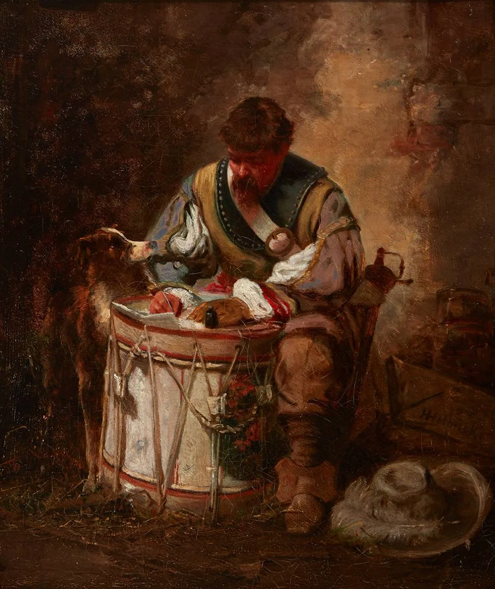 DRUMMER AND DOG by Howard Helmick, oil on canvas, sold May 2021