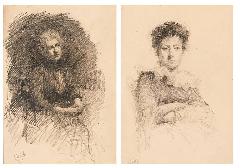 SKETCHES OF TWO WOMEN, 1886/87 (A PAIR) by Walter Osborne, pencil; (2) (framed together), sold May 2021