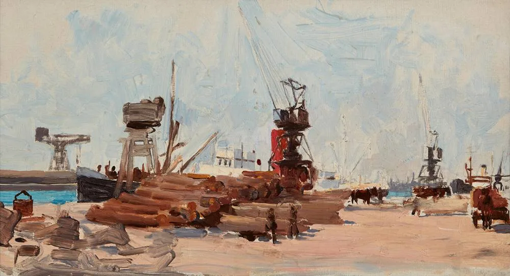 DUBLIN DOCKS by Dermod O'Brien, oil on canvas, sold May 2021