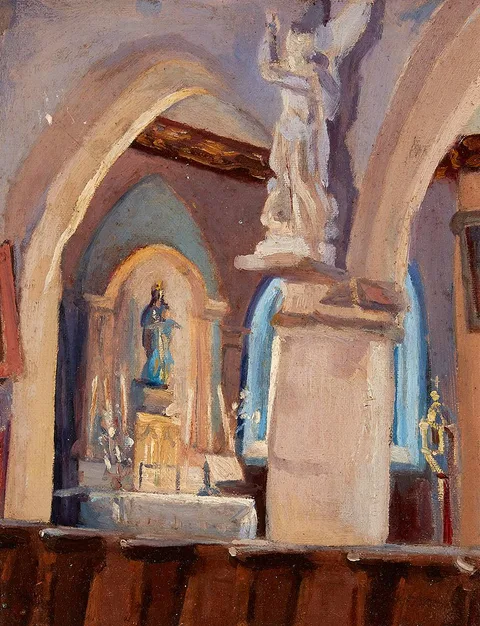 CHURCH INTERIOR by Grace Henry, oil on board, offered May 2021
