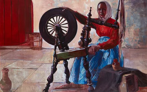 WOMAN AT A SPINNING WHEEL by Maurice MacGonigal, c.1932, oil on board, sold May 2021