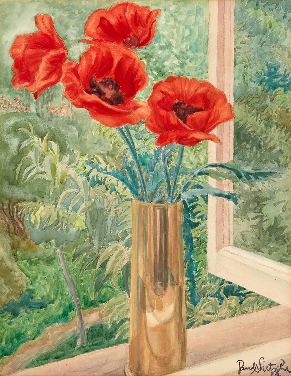 Paul Nietsche, POPPIES IN A VASE ON A WINDOWSILL, 1926, watercolour over pencil