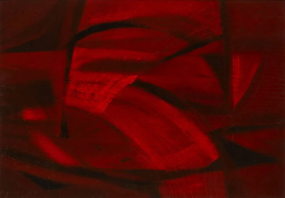 COMPOSITION, RED LIGHT by Tony O'Malley, 1966, oil on board, offered May 2021