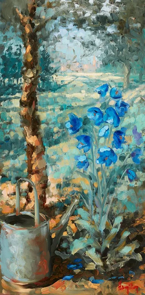 BLUE POPPIES AND WATERING CAN by Ken Hamilton, oil on canvas, sold May 2021