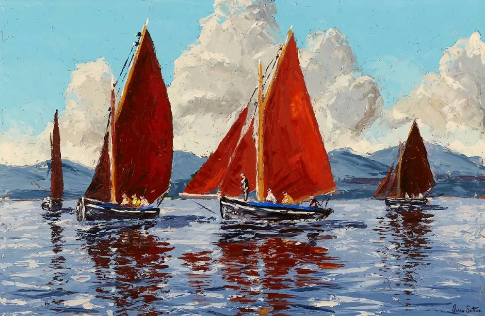 BECALMED GALWAY HOOKERS, ROUNDSTONE BAY, COUNTY GALWAY by Ivan Sutton, oil on board, sold May 2021