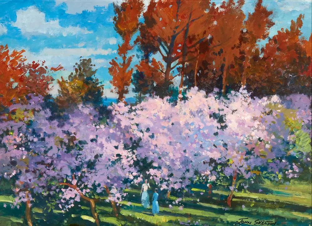 UNDER THE CHERRY TREES by John Skelton, oil on board, sold May 2021