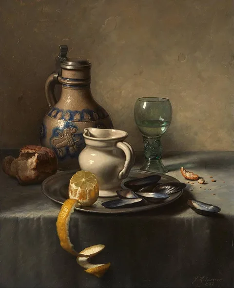 Johannes Hendrik Eversen, STILL LIFE WITH MUSSELS, 1957, oil on canvas