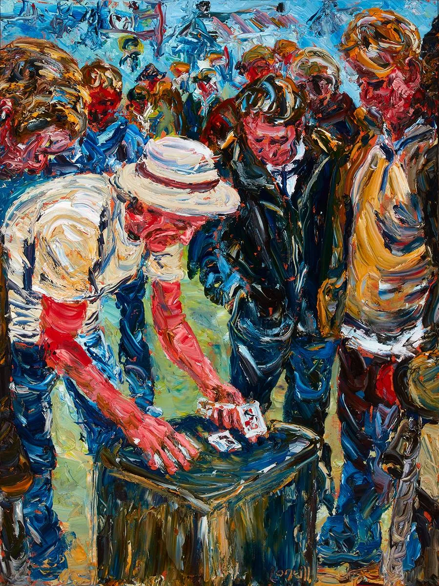 THREE CARD TRICK by Liam O'Neill, oil on canvas, sold Mar 2021