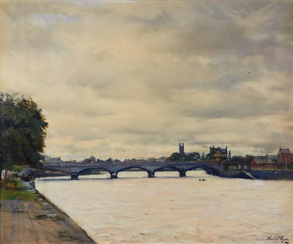 SARSFIELD BRIDGE, LIMERICK by Thomas Ryan, c. 1975, oil on board, sold Mar 2021