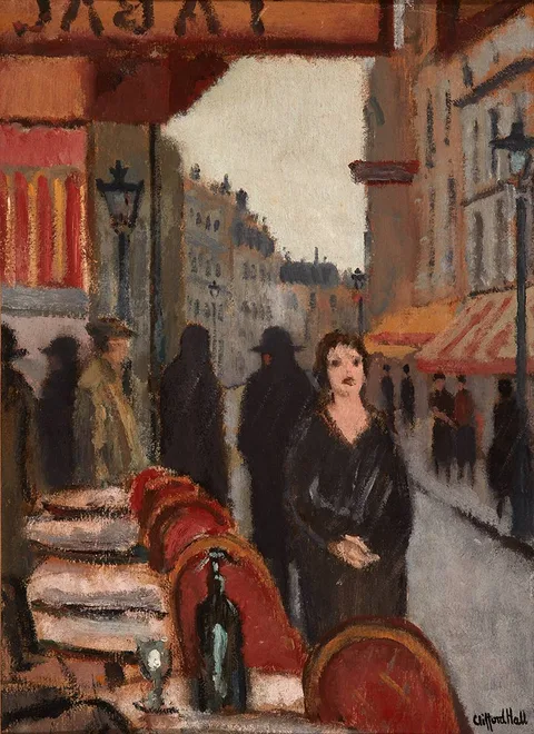 RUE DES ABBESSES, MONTMARTRE by Clifford Eric Martin Hall, 1946, oil on board, sold Mar 2021