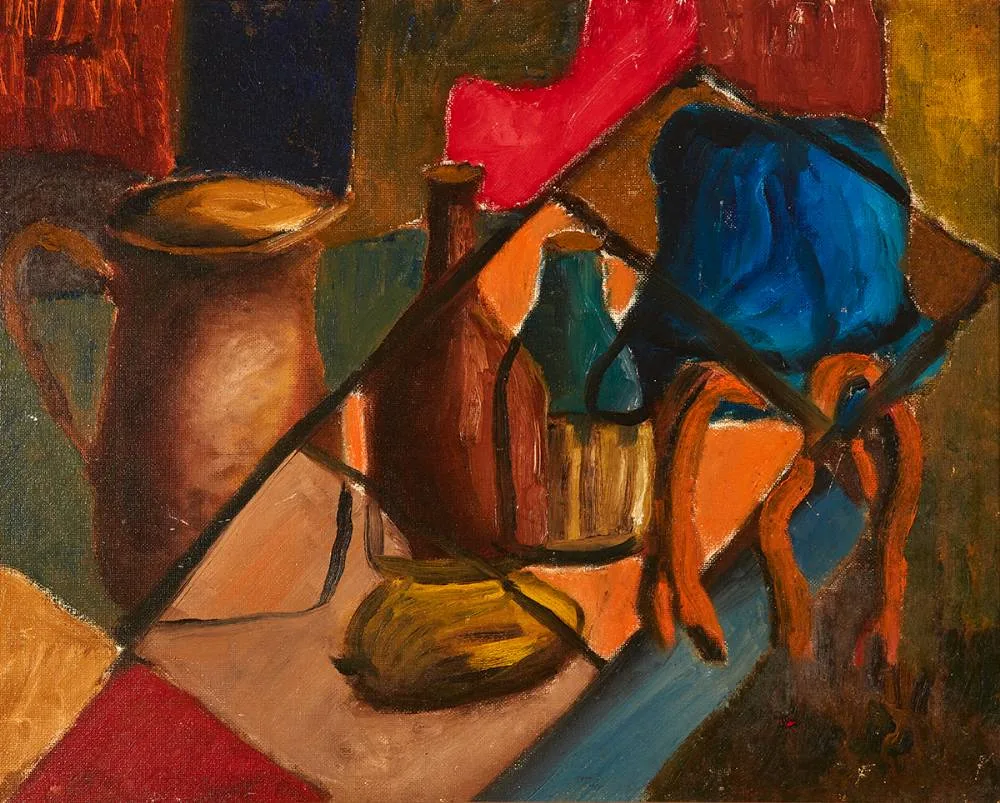 Christy Brown, STILL LIFE WITH JUG AND BOTTLES, oil on board