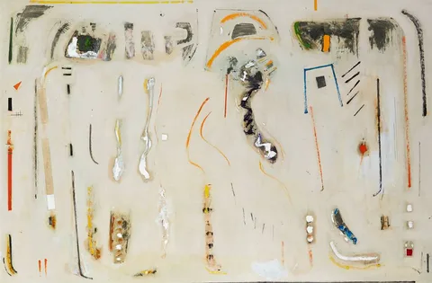 LOW TIDE by Mike Fitzharris, 1991, oil, pencil and collage on board, sold Mar 2021