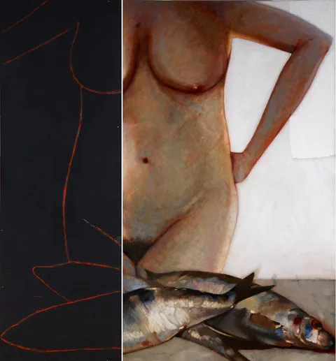 John Shinnors, GOOD FRIDAY MORNING BREAKFAST (DIPTYCH), oil on canvas and oil on panel; (unframed)