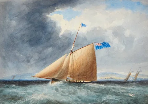 Andrew Nicholl, YACHTS ON BELFAST LOUGH, watercolour with sgraffito