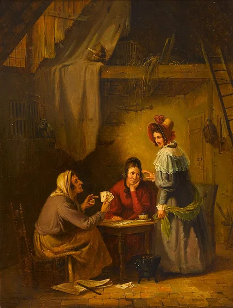 Henri de Braekeleer, INTERIOR SCENE WITH FORTUNE TELLER, oil on canvas
