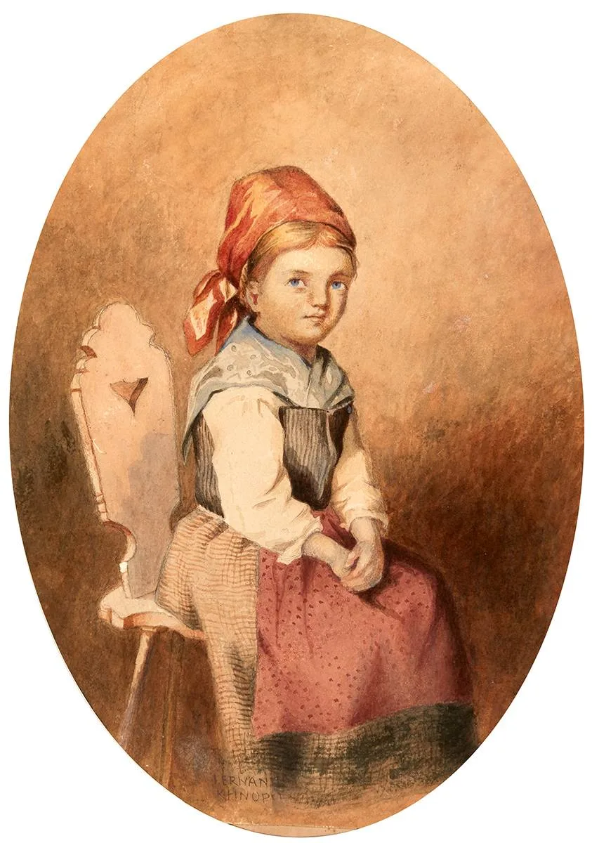 Fernand Khnopff, SEATED GIRL, watercolour; (oval)