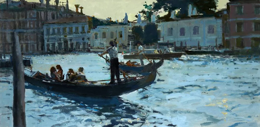 Tom Coates, DUSK AT THE GUGGENHEIM, VENICE, oil on board