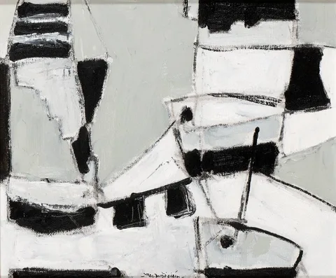 Padraig Macmiadhachain, STRONG WIND IN THE HARBOUR, 1999 and MOORING LINES IN HARBOUR, ST IVES (A PAIR), oil and charcoal on canvas