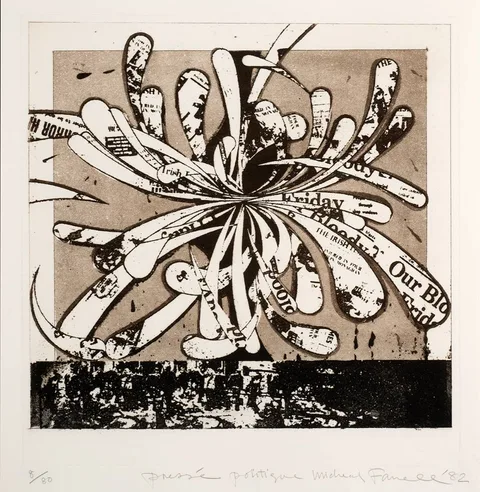 Micheal Farrell, PRESSÉ POLITIQUE, 1982, etching with aquatint; (no. 8 from an edition of 80)