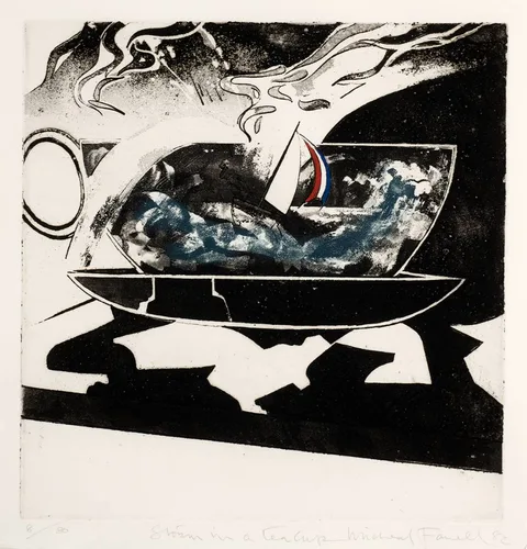STORM IN A TEACUP by Micheal Farrell, 1982, etching with aquatint; (no. 8 from an edition of 80), sold Mar 2021