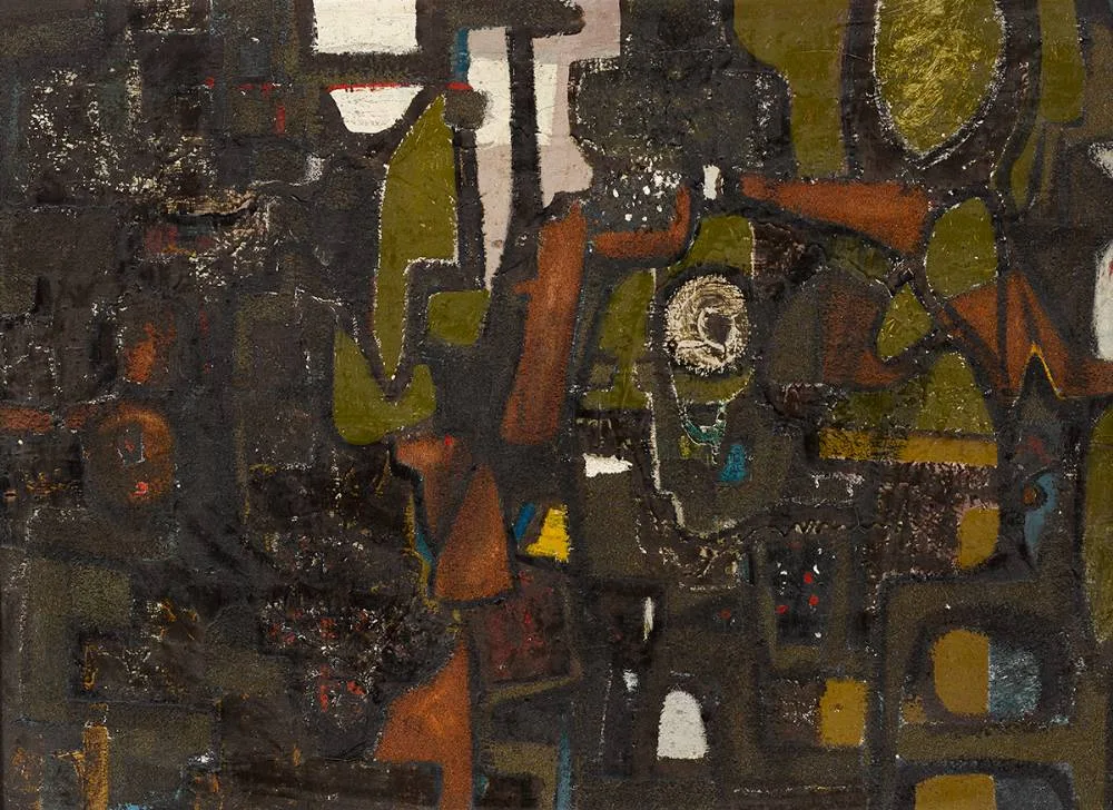 BRONZE ABSTRACT by Gerard Dillon, oil and sand on canvas, sold Mar 2021