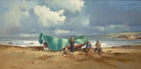 MENDING NETS, ROSSES COAST, COUNTY DONEGAL by Arthur H. Twells, oil on canvas, sold Mar 2021