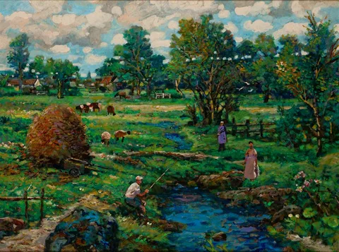 Jack Cudworth, FISHING AT NAAS, COUNTY KILDARE, oil on board