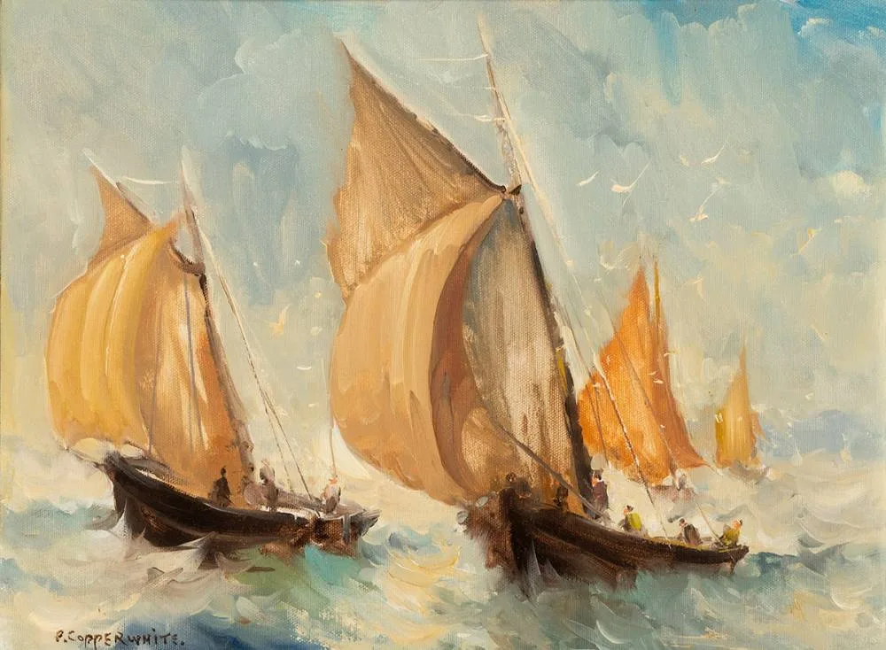 SAILING IN ROUGH SEAS by Patrick Copperwhite, oil on board, offered Mar 2021