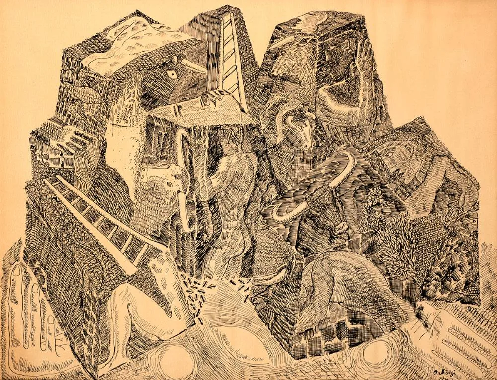 EVOLUTION CREATURE by Basil Rakoczi, 1947, ink, sold Mar 2021