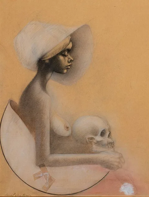 FIGURE WITH SKULL by Donal O'Sullivan, charcoal and chalk, sold Mar 2021
