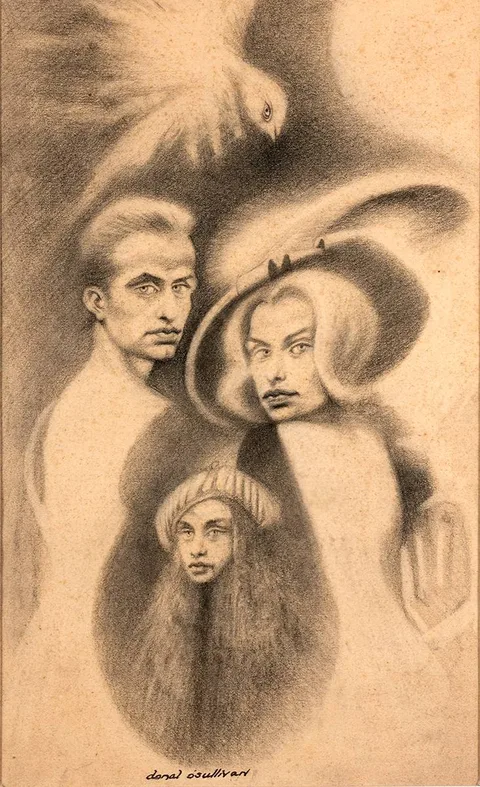 KINSKIS AT HOME by Donal O'Sullivan, charcoal on paper, sold Mar 2021