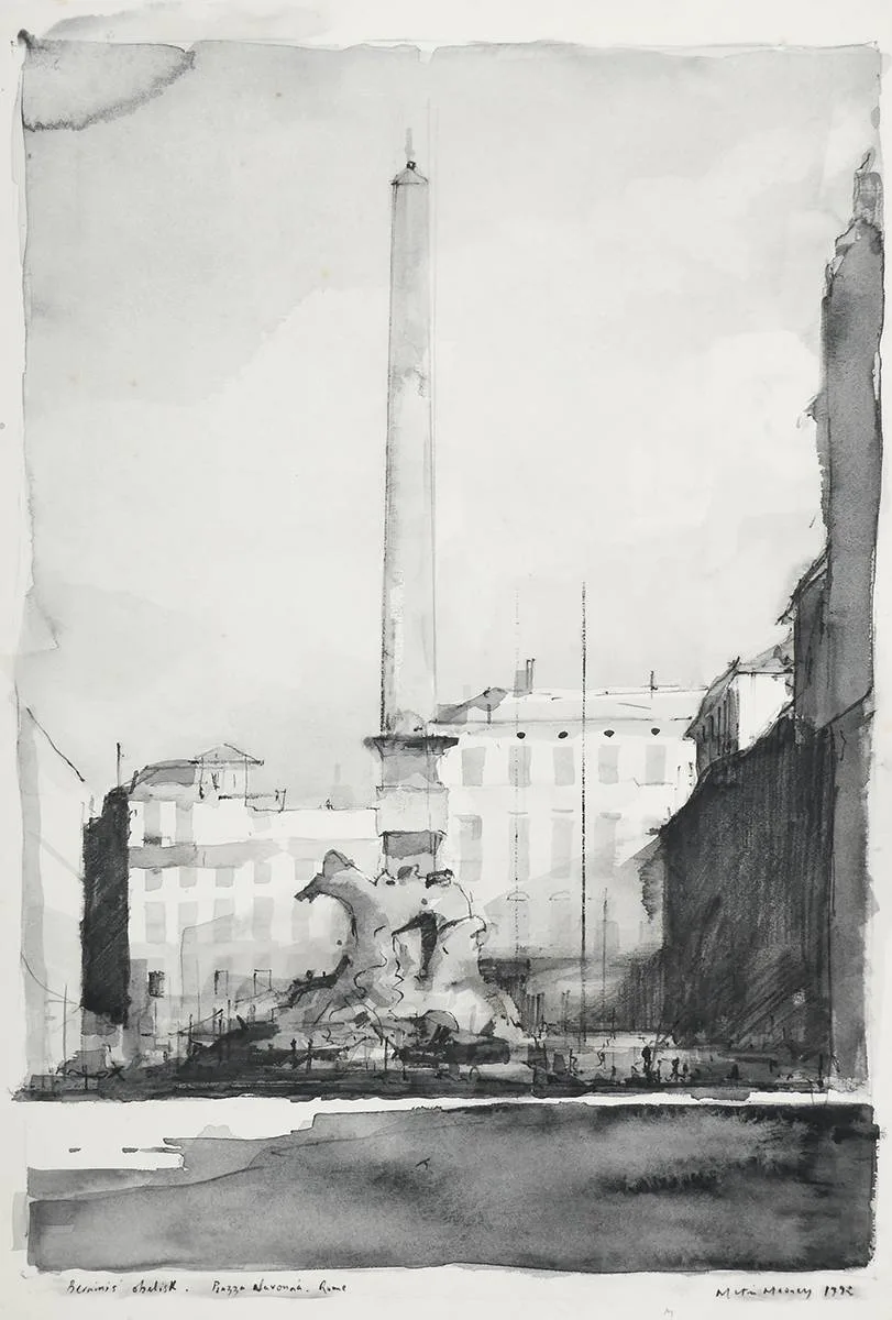 Martin Mooney, BERNINI'S OBELISK, PIAZZA NAVONA, ROME, 1992, watercolour over pencil