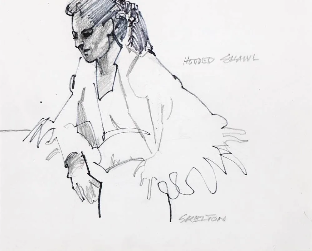 HOODED SHAWL by John Skelton, pencil and ink, sold Mar 2021