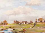 Michael Healy, COTTAGE AND RIVER FLATS, NEAR DUBLIN