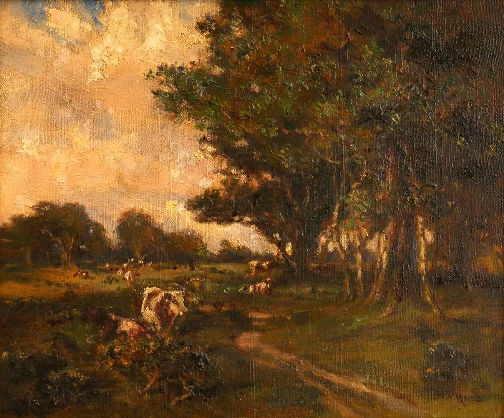 COWS IN PASTURE by Henry William Moss, oil on canvas, sold Mar 2021