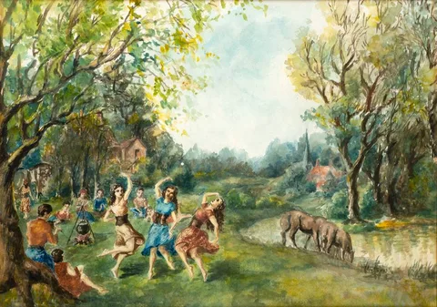 20th Century School, THREE GRACES DANCING BY THE RIVERBANK, watercolour