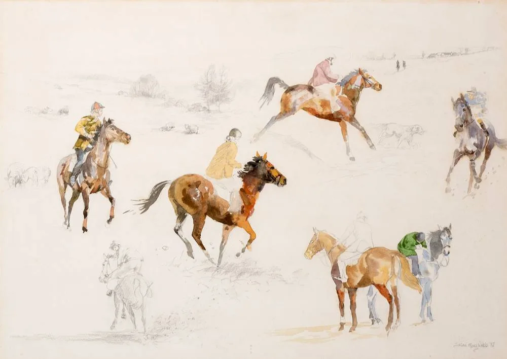 Susan Mary Webb, HORSE STUDY I, THE RACES, 1987, watercolour and pencil