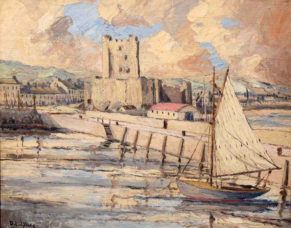 Dante Langtry Lynas, CARRICKFERGUS CASTLE, WITH VILLAGE AND HARBOUR, COUNTY ANTRIM, oil on panel