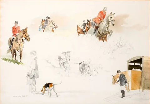 Susan Mary Webb, HORSE STUDIES II, THE HUNT, 1987, watercolour and pencil