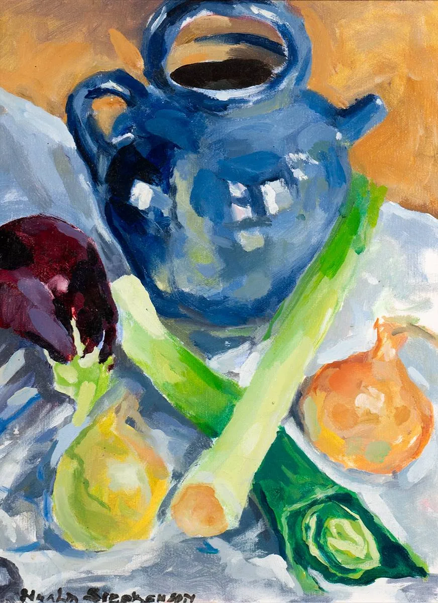 Nuala Stephenson, BLUE KETTLE AND VEGETABLES, oil on canvas