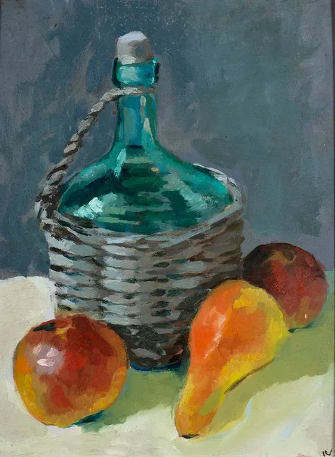 Nuala Stephenson, BASKET BOTTLE (GREEN BOTTLE AND FRUIT), oil on board