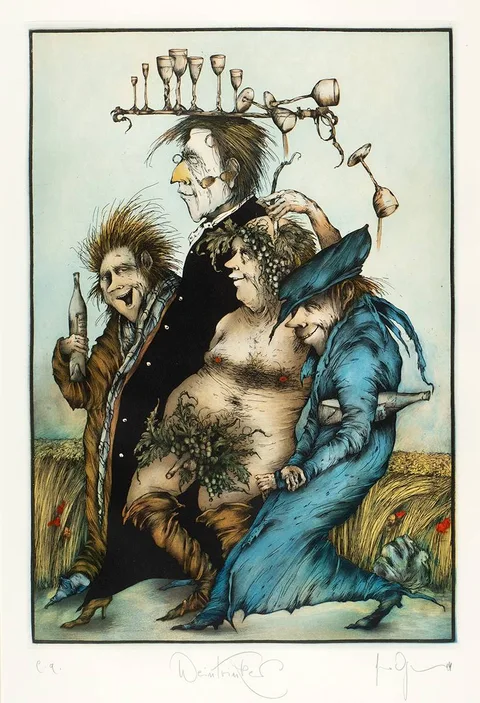 WEINTRINKER [THE WINE DRINKER ] by Gertrude Degenhardt, etching; (épreuve d'artiste from an edition of 200), sold Dec 2020