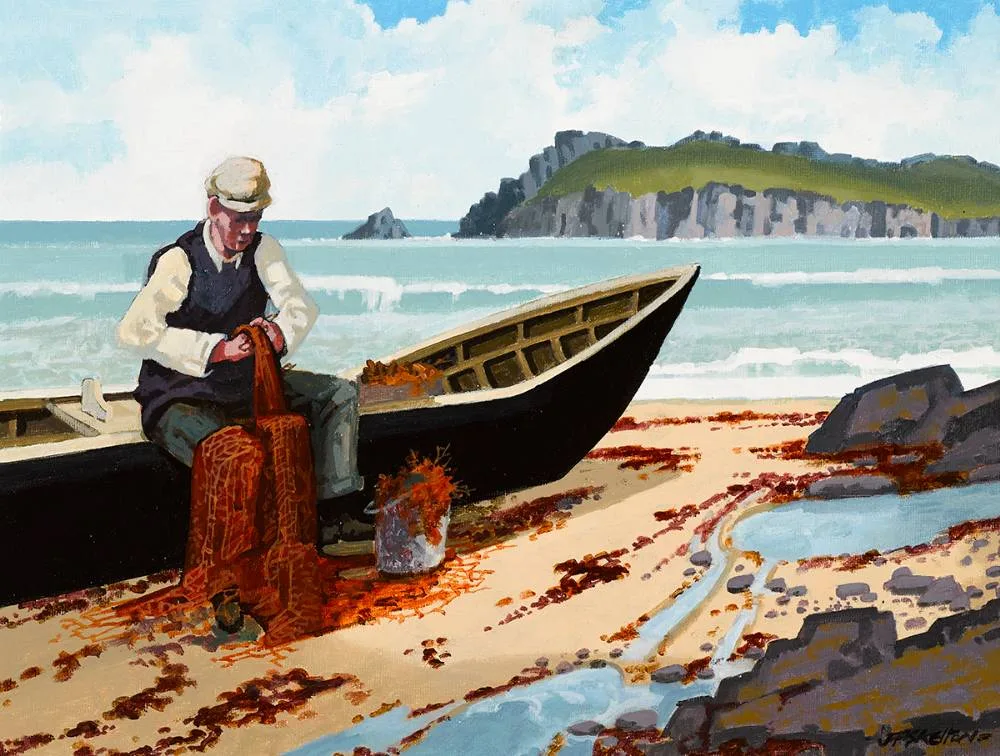 MENDING NETS by John Francis Skelton, oil on board, sold Dec 2020