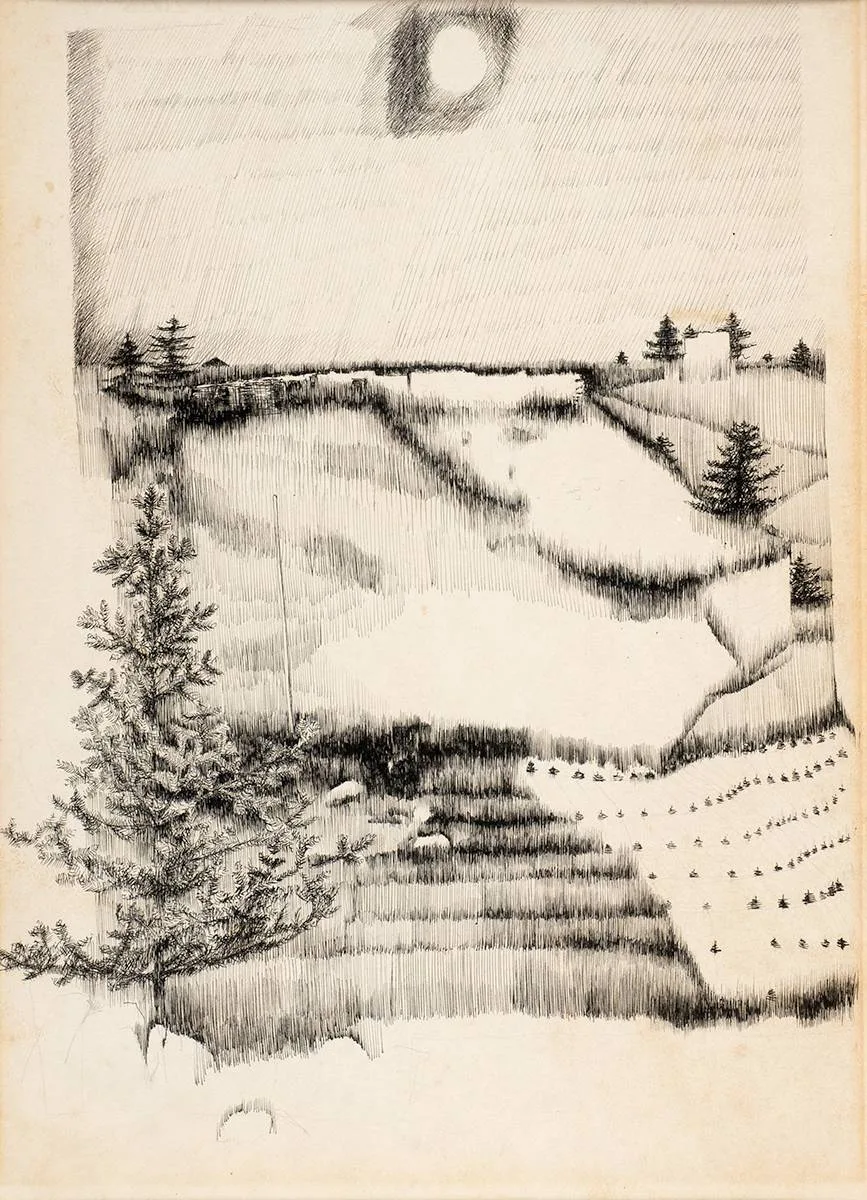 LANDSCAPE by Patrick Hickey, pencil and ink, offered Dec 2020