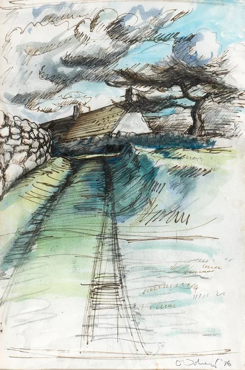 Éamonn O'Doherty, COUNTRY ROAD WITH TREE AND COTTAGE, 1978, pastel and watercolour