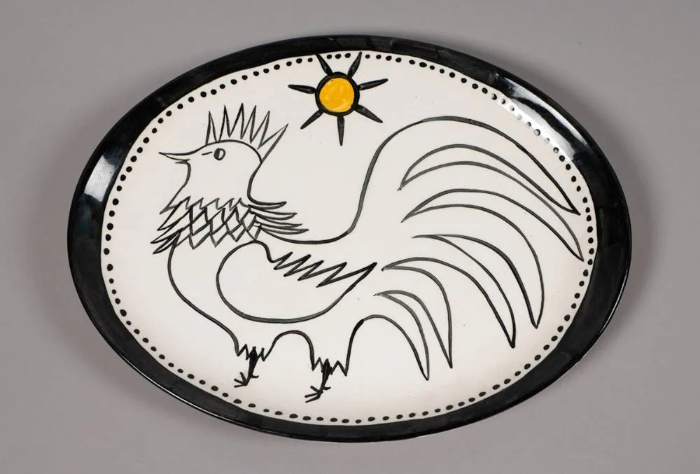 COCKEREL AND SUN by John Ffrench, hand-painted ceramic oval plate, sold Dec 2020