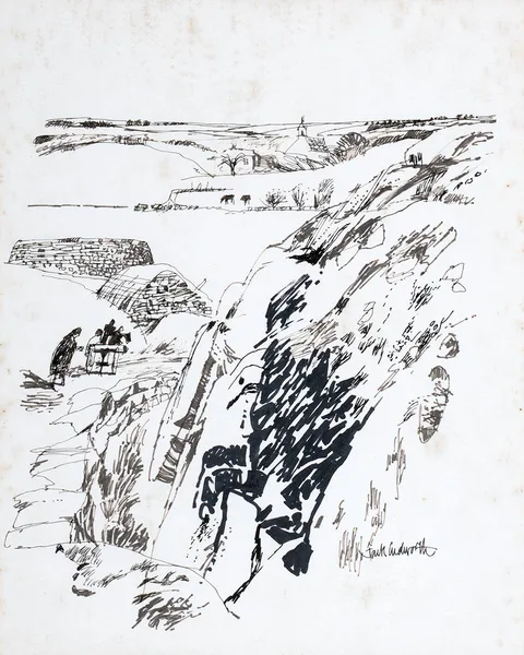 Jack Cudworth, LANDSCAPE WITH FIGURES AND CART, ink