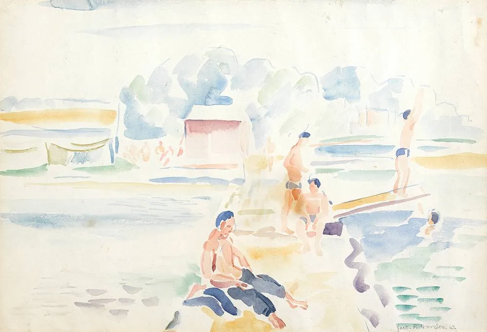 BATHERS by Father Jack P. Hanlon, 1943, watercolour, sold Dec 2020