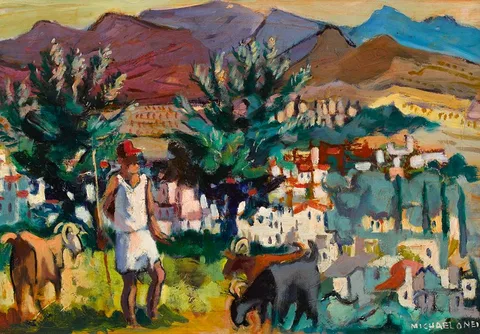 Michael O'Neill, FIGURE WITH GOATS IN A MOUNTAINOUS LANDSCAPE, oil on board