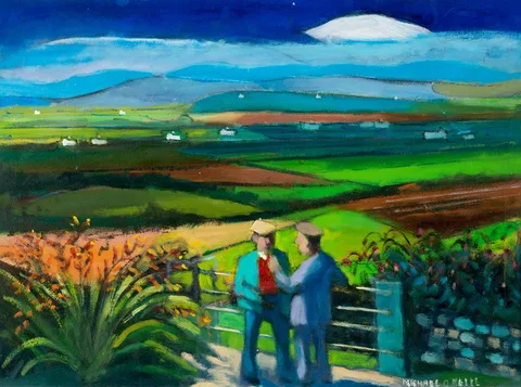 Michael O'Neill, CONVERSING FIGURES IN A RURAL LANDSCAPE, oil on board